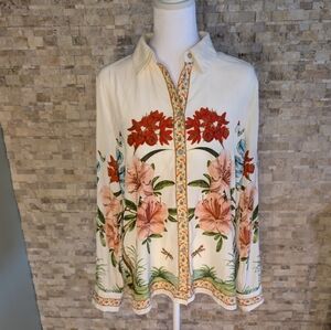 Rose + Olive Botanical Floral Blouse Cottagecore Garden Party Button Up Top Sz M